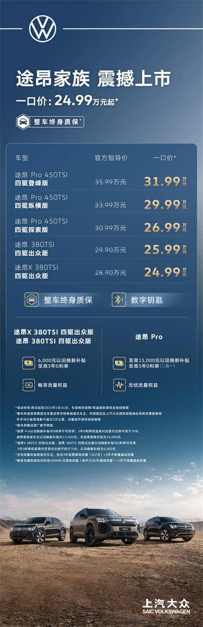 途昂 Pro 一口價(jià)26.99萬元起！搭載第五代EA888發(fā)動(dòng)機(jī)，開啟全境旅程
